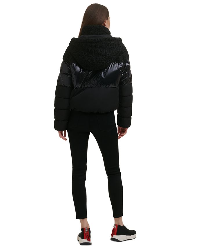 DKNY Women's MixedMedia Hooded Cropped Puffer Jacket Macy's