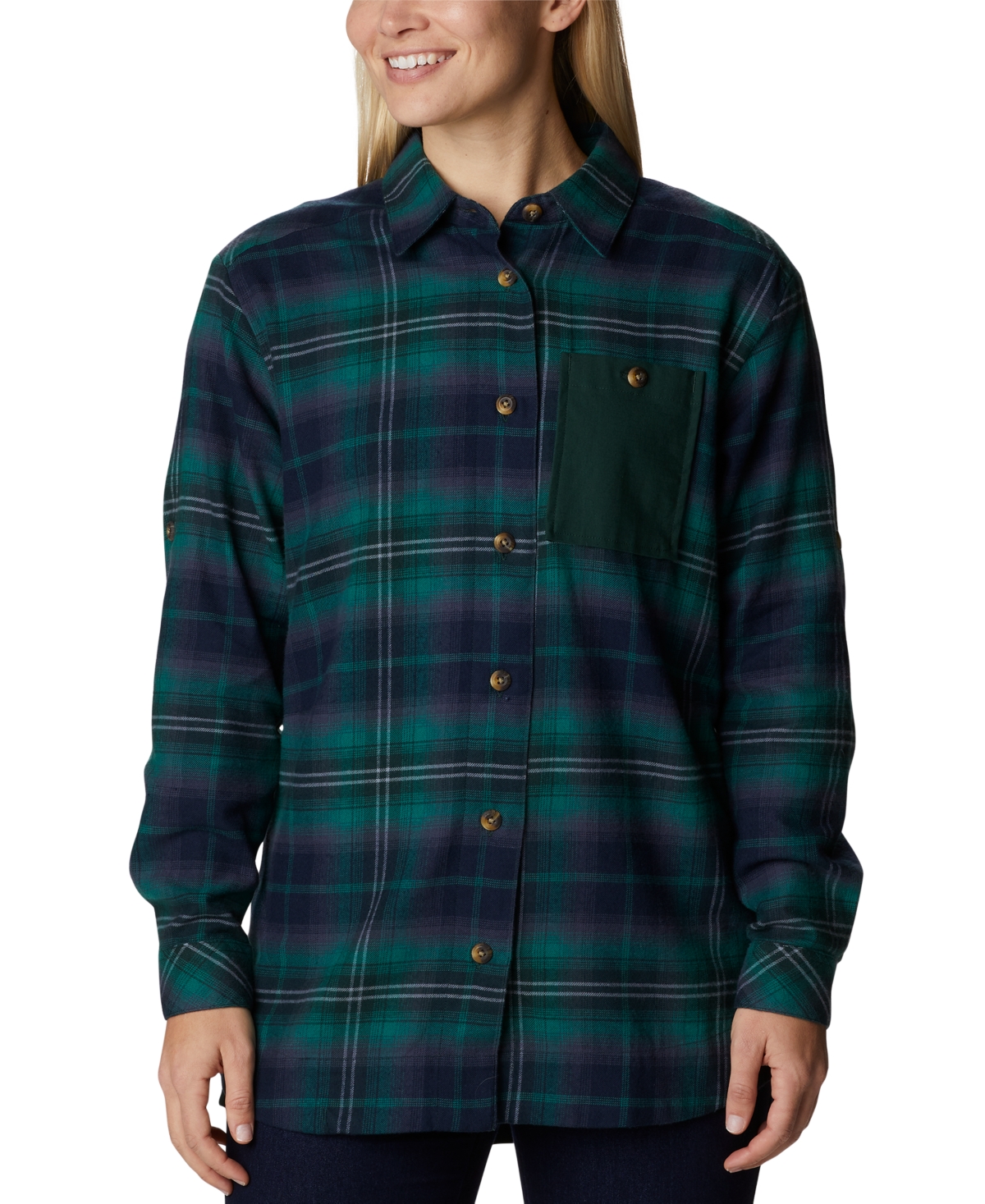 Columbia Plus Size Holly Hideaway Cotton Checked Flannel Tunic Shirt In Spruce Multi Tartan