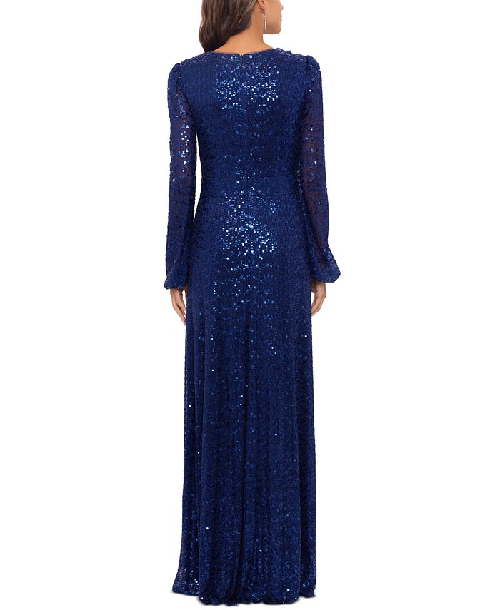 XSCAPE Women's V-Neck Long-Sleeve Sequined A-Line Gown & Reviews ...