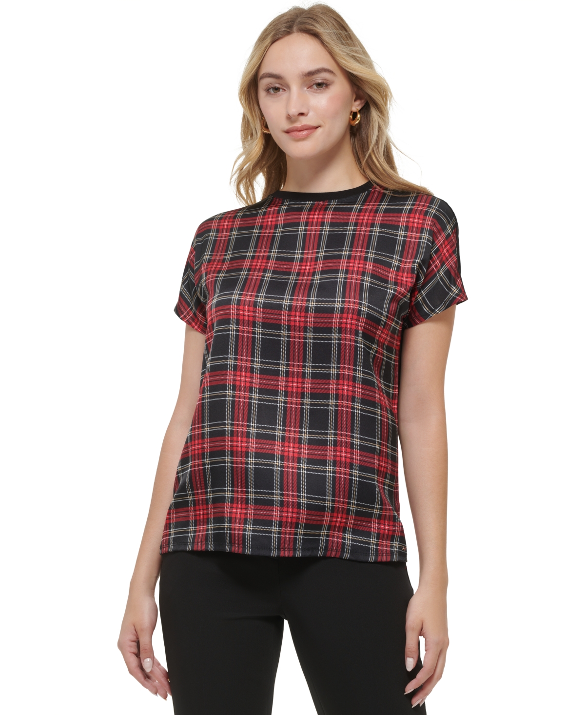 Tommy Hilfiger Women's Mixed-Media Plaid-Front Top