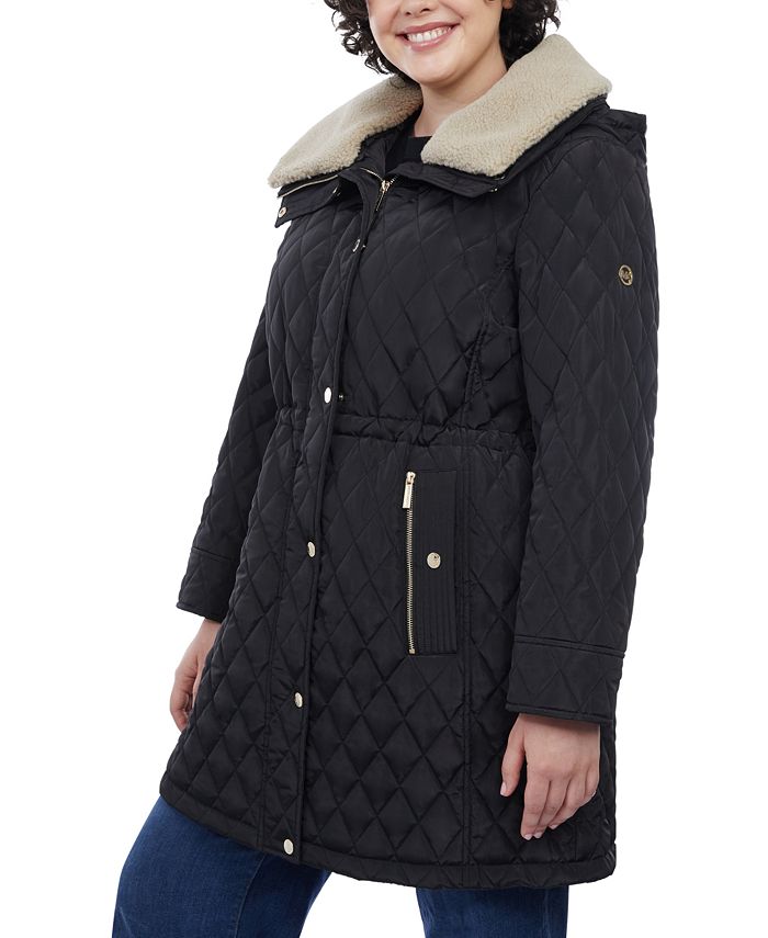 Michael Kors Women's Plus Size Hooded Faux-Fur-Collar Quilted Coat ...