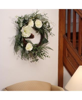 26" Mixed Greens and White Flowers Christmas Wreath