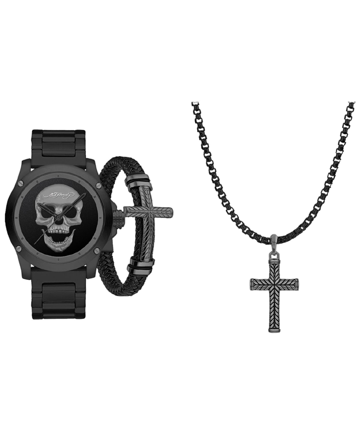 Ed Hardy Men's Matte Black Metal Bracelet Watch 46mm Gift Set