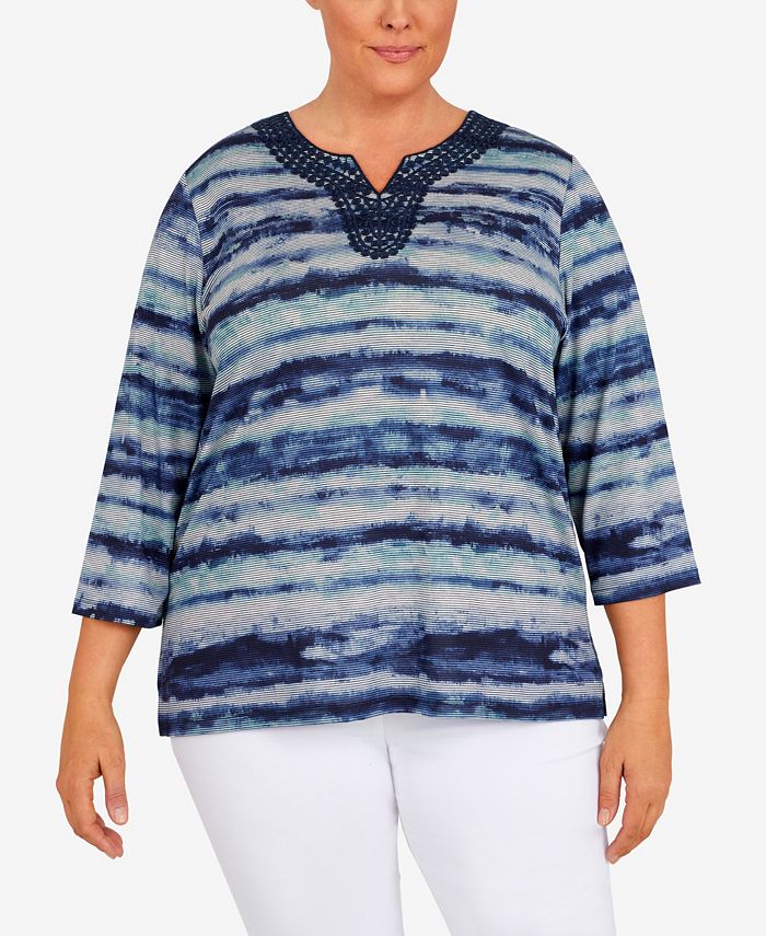 Alfred Dunner Plus Size Lake Placid Watercolor Print Top with Lace