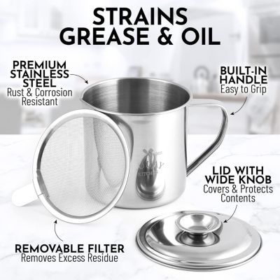Stainless Steel Bacon Grease Container With Strainer, Lid & Handle