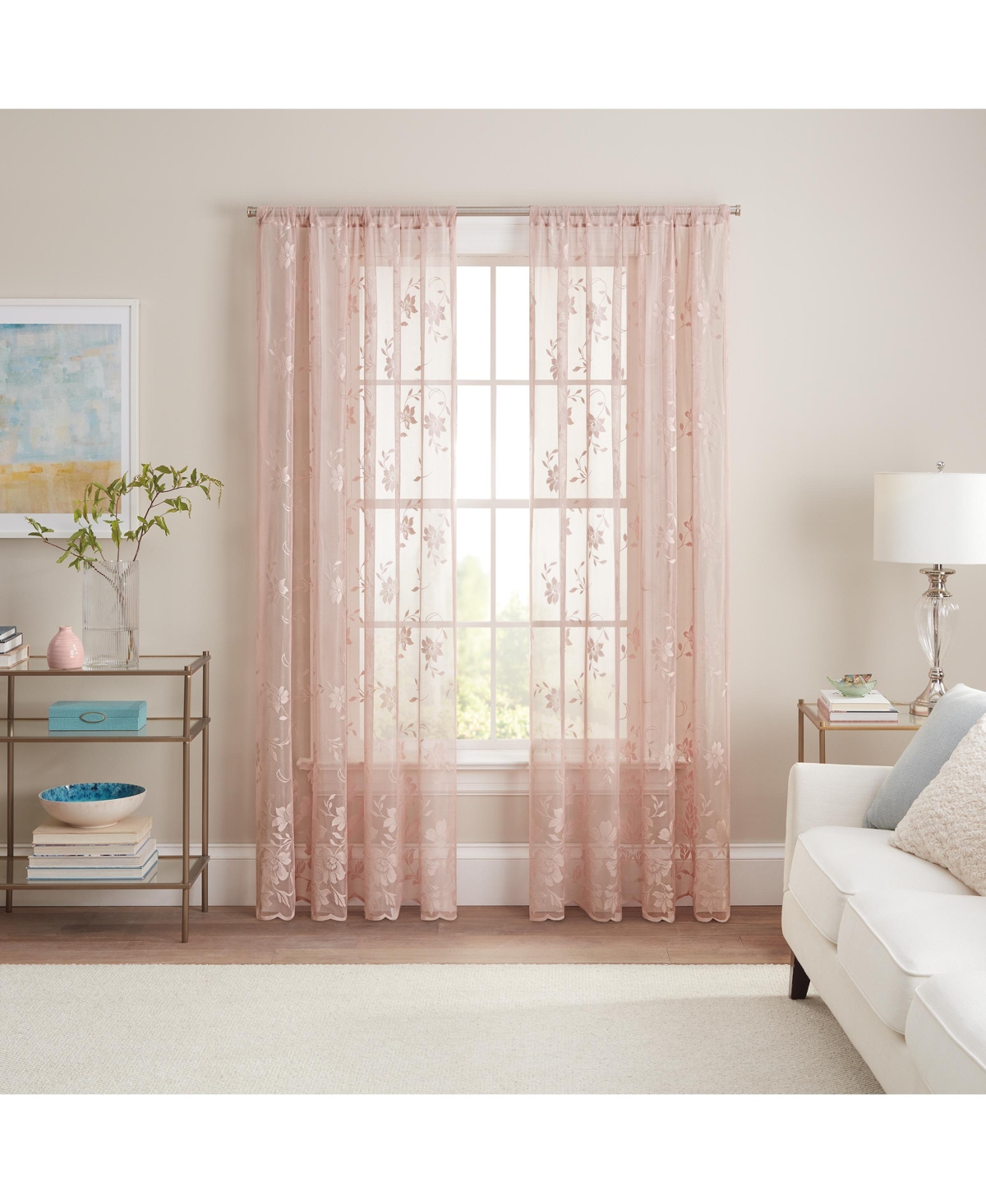 Sherry Floral Lace Sheer Rod Pocket Curtain Panel, 54" x 63" - Blush