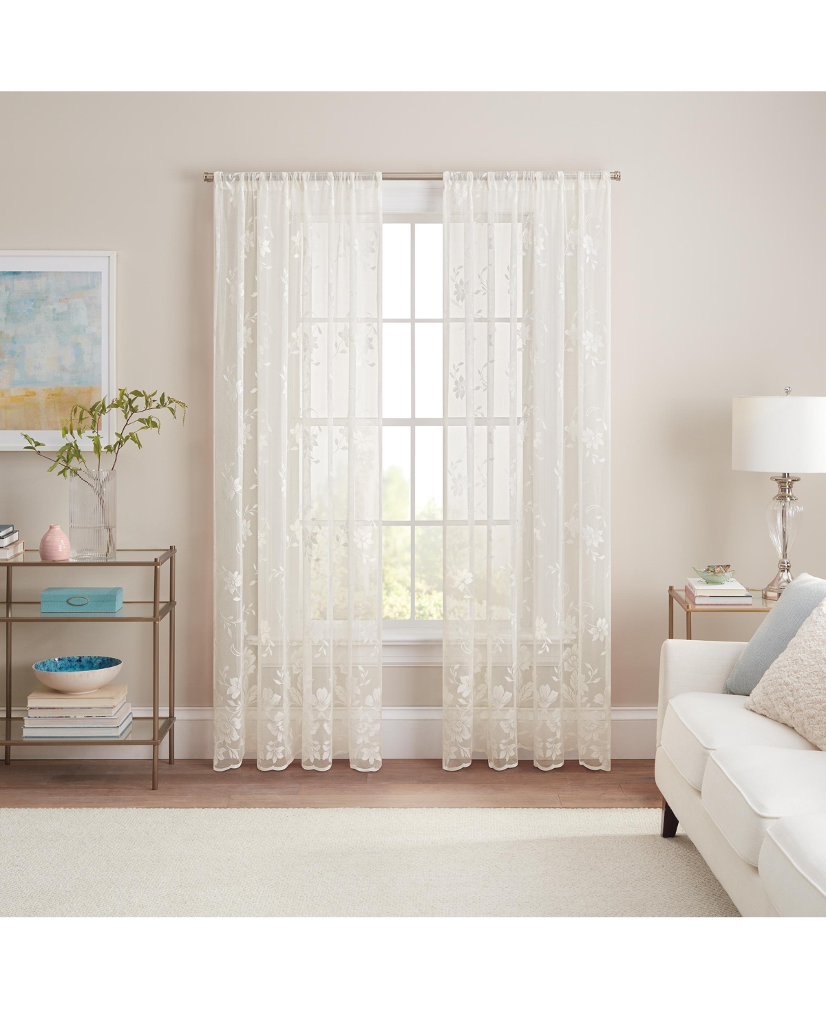 Sherry Floral Lace Sheer Rod Pocket Curtain Panel, 54" x 63" - Blush