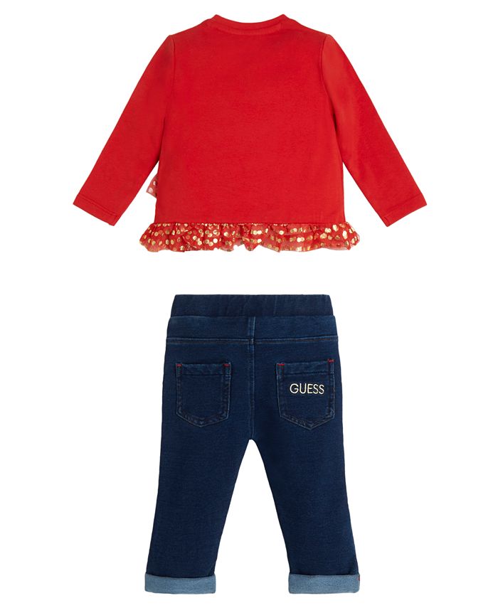 GUESS Baby Girls Foil Print Logo T Shirt and Knit Denim Pant, 2 Piece Set Macy's