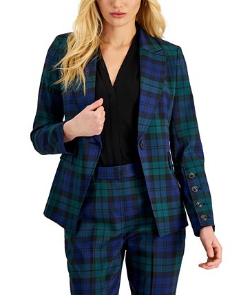 Tahari ASL Women s One Button Long Sleeve Plaid Blazer Macy s