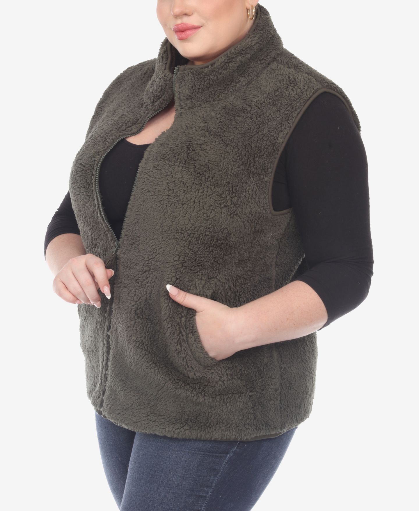 Женская куртка White Mark Plus Size Zip Up Sherpa Vest, цвет: Армейский зелёный — фото 5
