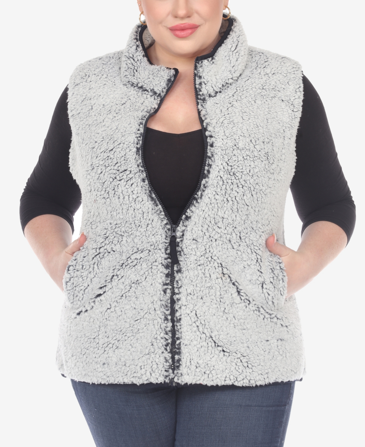 Shop White Mark Plus Size Women's Zip Up Sherpa Vest Jacket In Sheep Gray