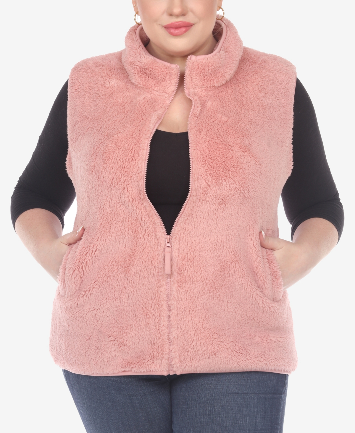 White Mark Plus Size Women's Zip Up Sherpa Vest Jacket In Pink