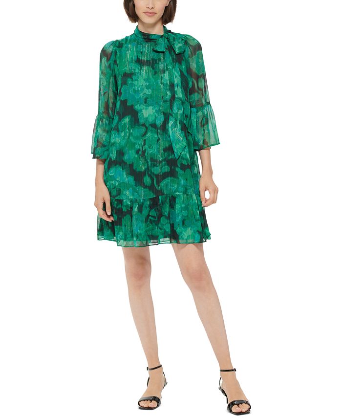 Calvin Klein Tie-Neck 3/4-Sleeve Ruffled Dress & Reviews - Dresses - Women  - Macy's