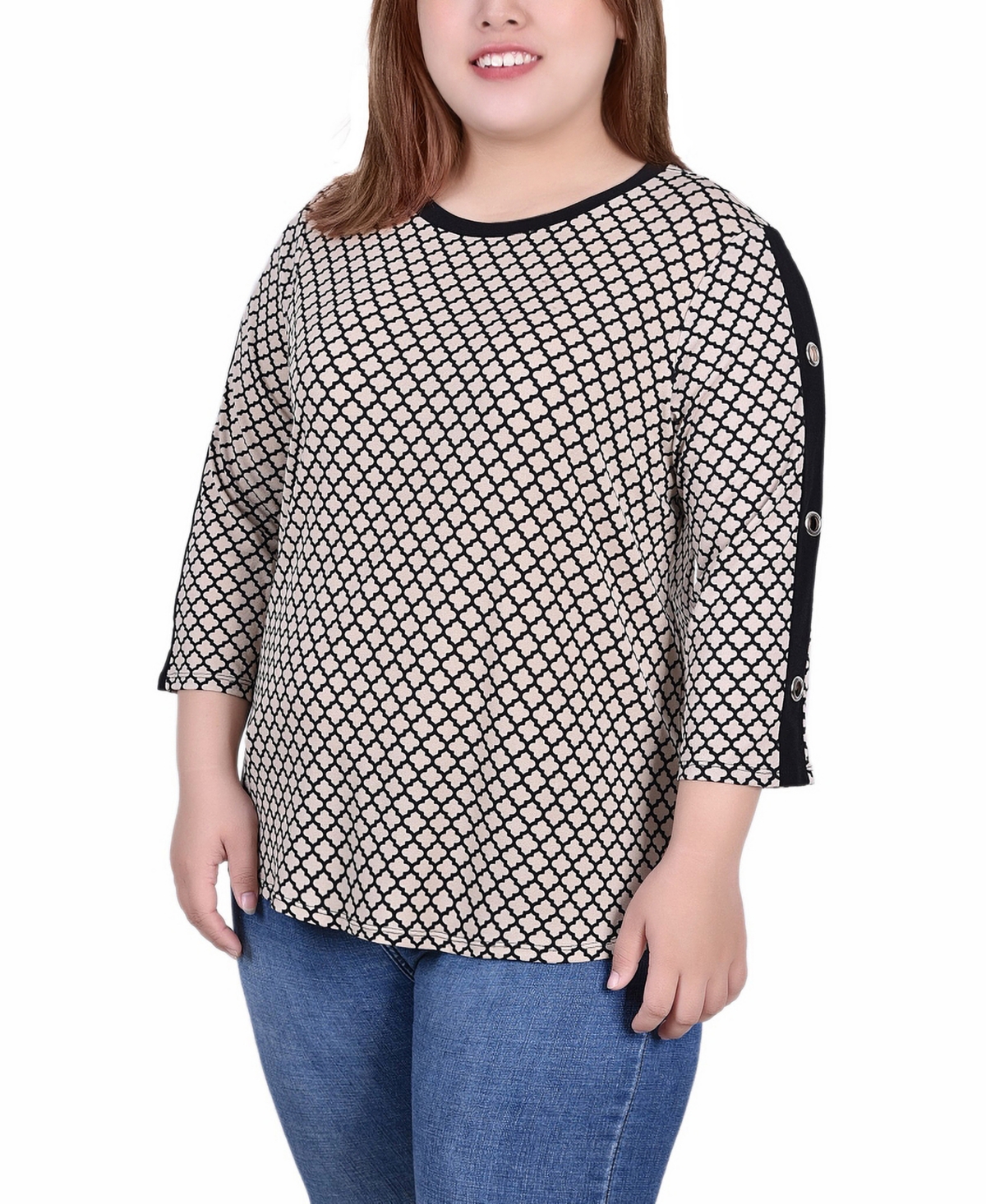 Shop Ny Collection Plus Size 3/4 Sleeve Top With Combo Bands And Grommets In Doeskin Quatrefoil