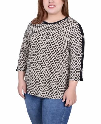 売れ筋商品|||ニューヨークコレクション カットソー トップス レディース Plus Size 3/4 Sleeve Top with Combo Bands and Grommets Doeskin Quatrefoil NY Collection Plus Size 3/4 Sleeve Top with Combo Bands and