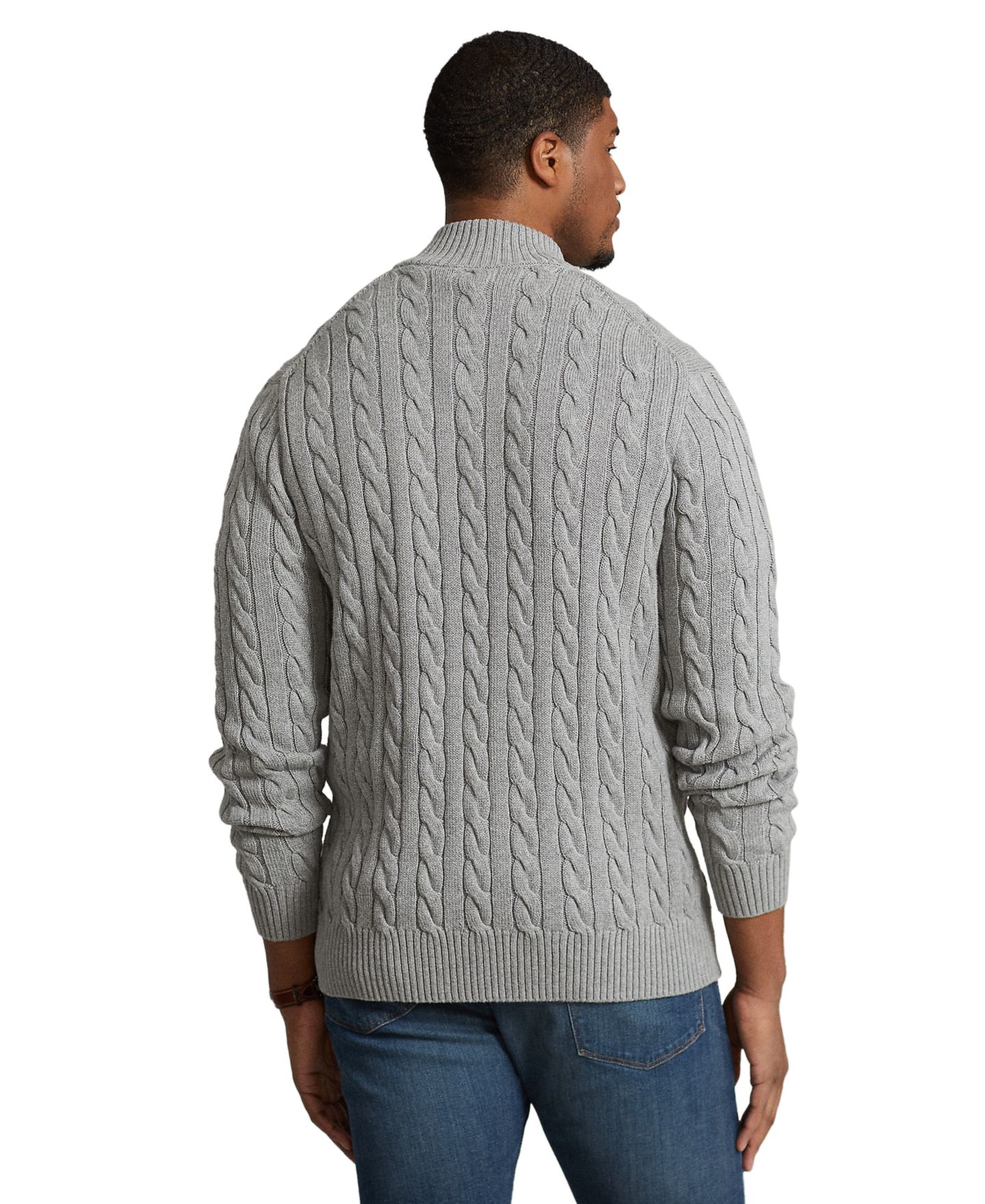 Мужской свитер Polo Ralph Lauren Big & Tall Cable-Knit Cotton Quarter-Zip, цвет: Палевый серый меланжевый — фото 2