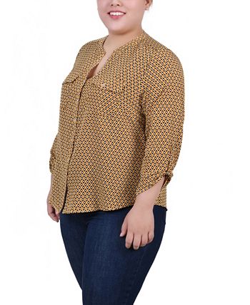 Ny Collection Womens 3 4 Sleeve Roll Tab Notch Collar Blouse Orange Size Petite Medium