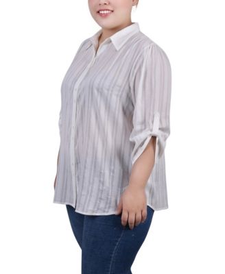 Plus Size 3/4 Roll Tab Sleeve Cotton Blouse