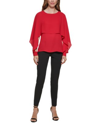 Petite Long-Sleeve Crewneck Cape Blouse