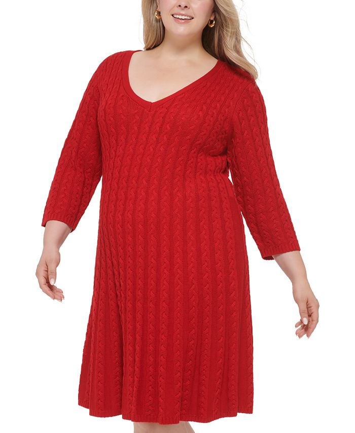 Jessica Howard Plus Size V-Neck Cable-Knit Sweater Dress - Macy's