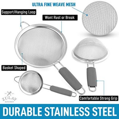 Set of 3 Premium Stainless Steel Fine Mesh Strainer with Non-Slip Handles