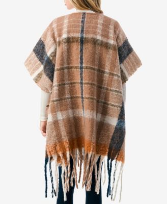 Women's Plaid Poncho with Fringe Detail