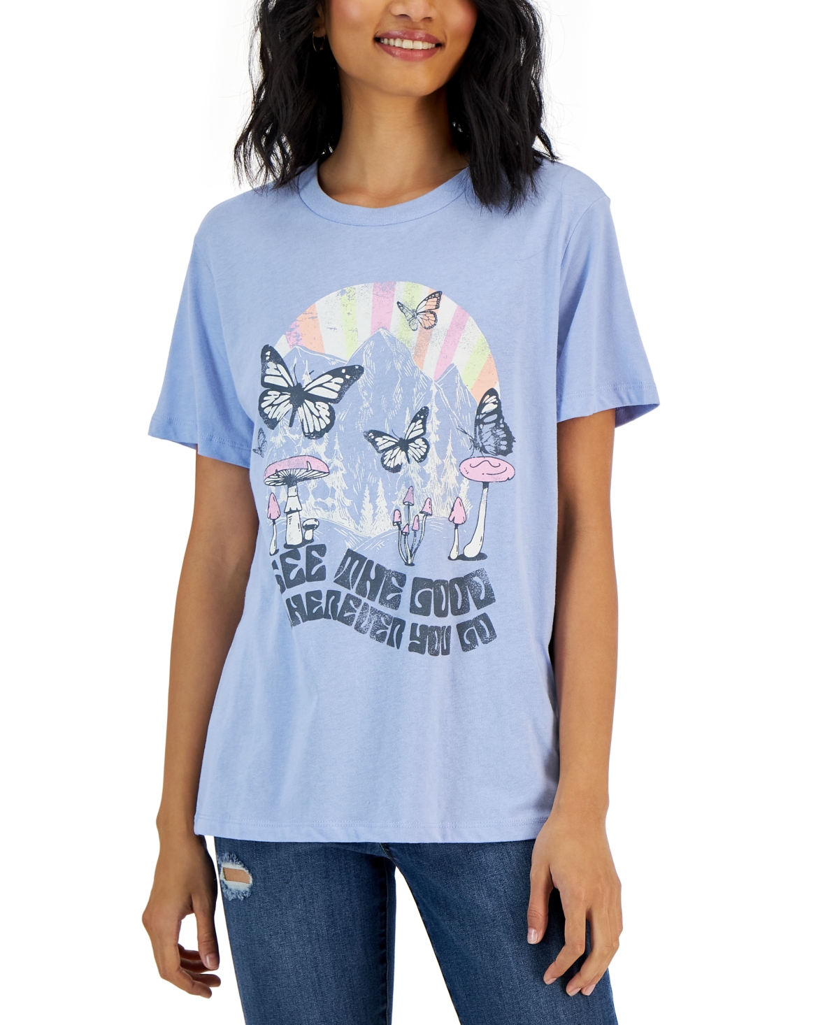 Grayson Threads Black Juniors' See The Good Butterfly Tee In Blue