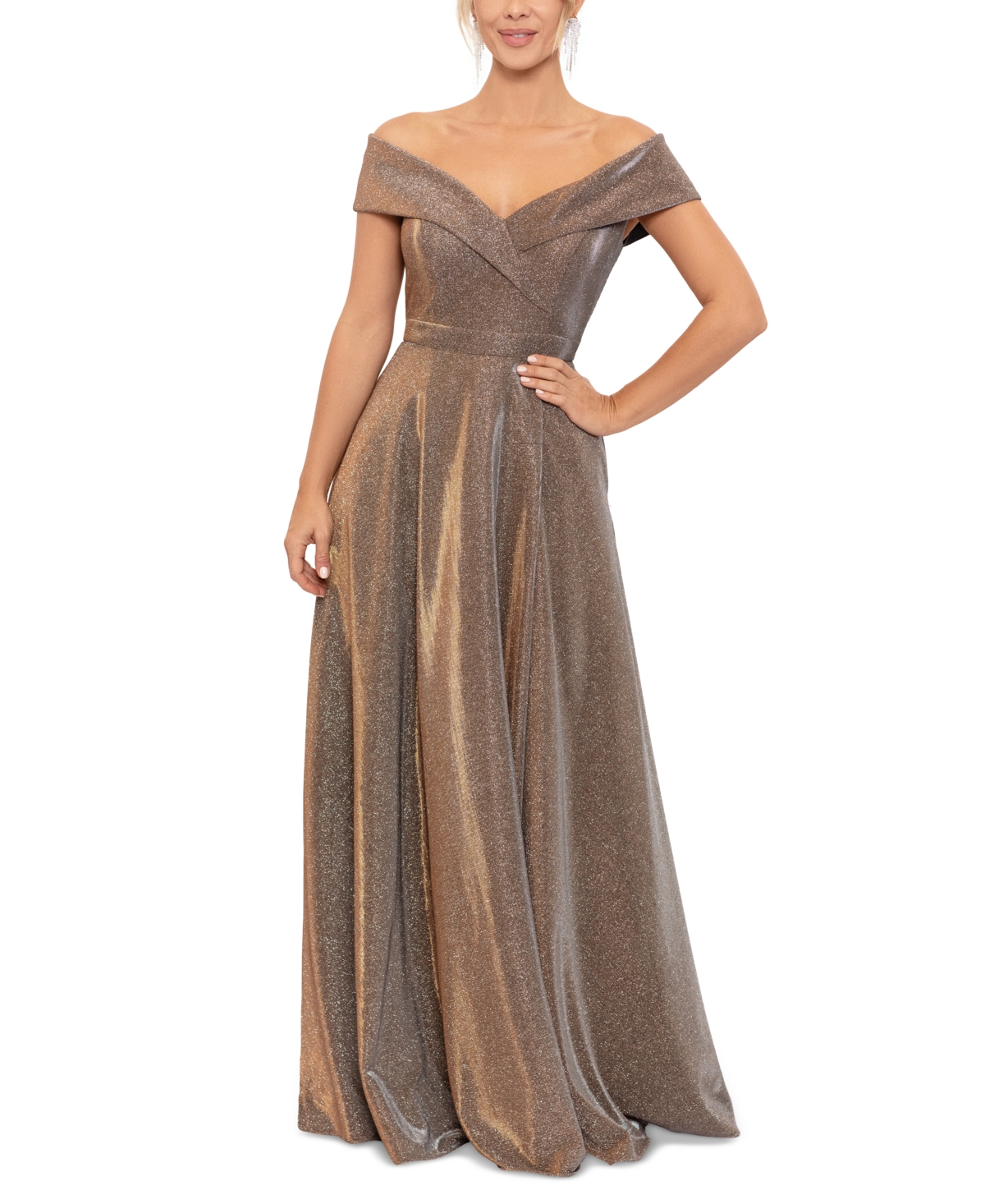Shop Xscape Women's Off-the-shoulder Sequin-knit Fit & Flare Gown In Sand