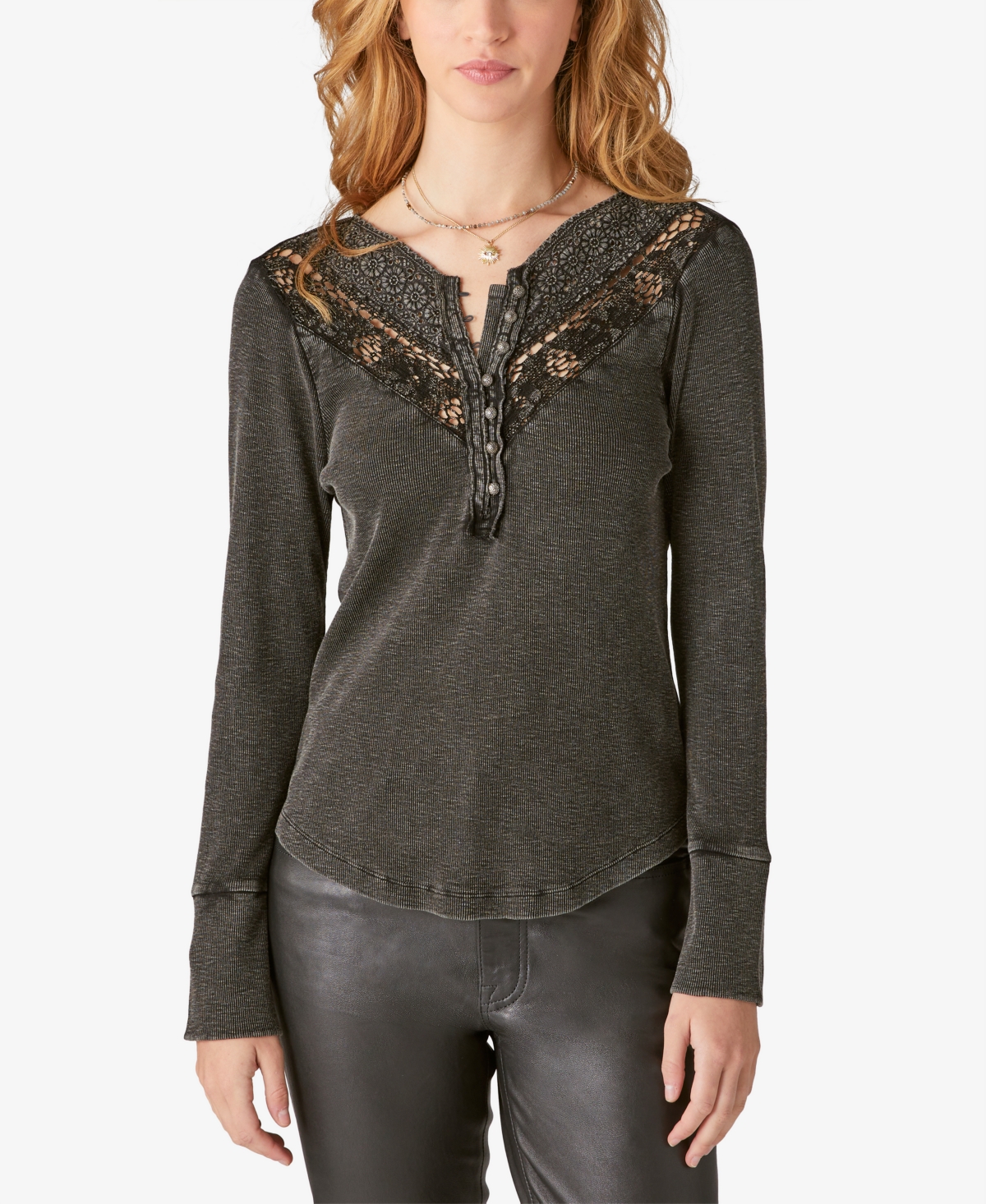 Lucky Brand Lace Mix Trim Henley Top In Asphalt | ModeSens