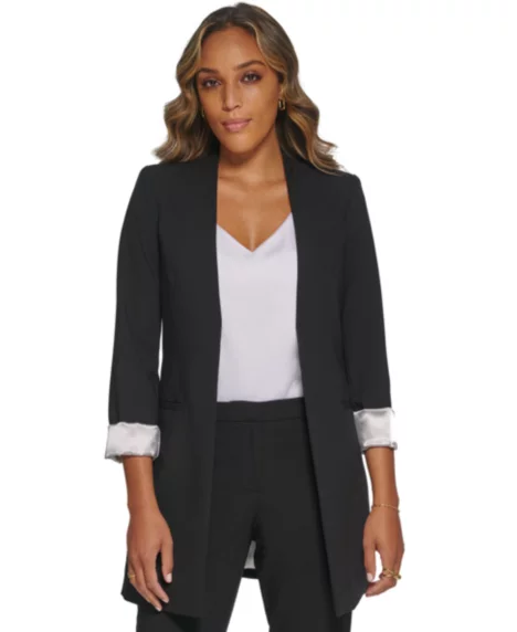 Petite Roll Sleeve Open Front Blazer - Black