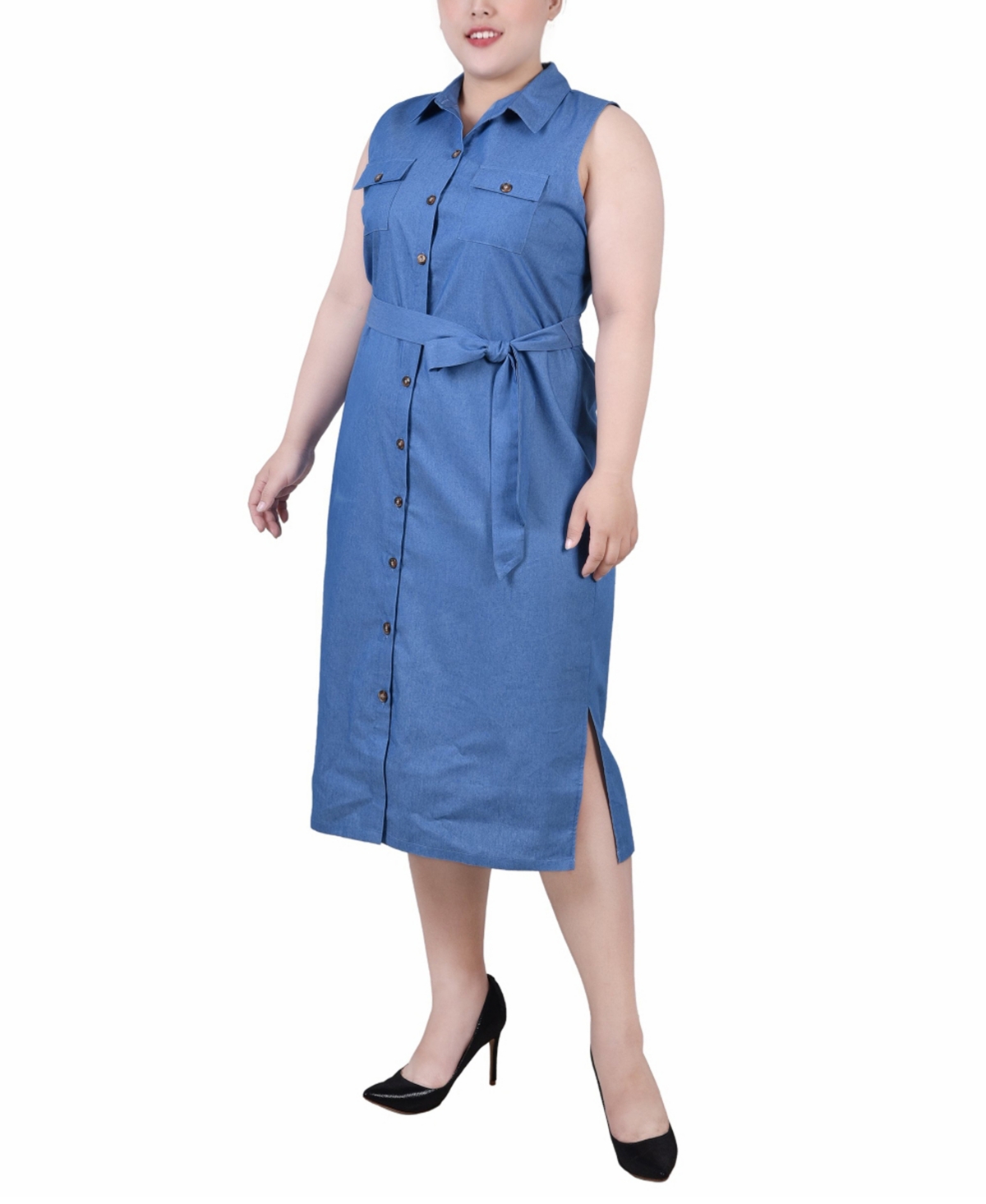 Shop Ny Collection Plus Size Sleeveless Belted Chambray Dress In Medium Denim