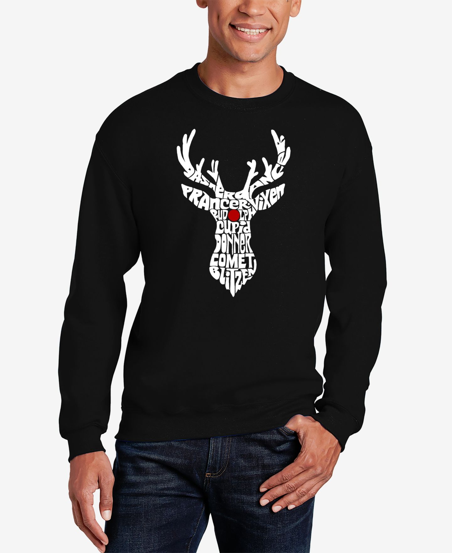Мужская толстовка LA Pop Art Santa's Reindeer Word Art Crewneck, цвет: Чёрный — фото 1