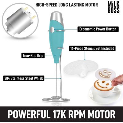Milk Boss Portable Milk Coffee Frother Handheld Whisk Mixer with 16-Piece Stencils