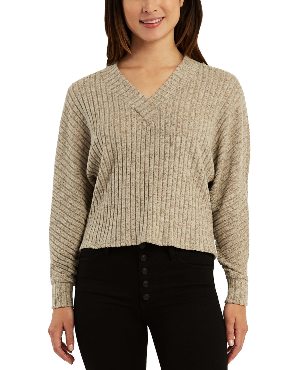 Bcx Juniors' V-Neck Ribbed Dolman-Sleeve Sweater