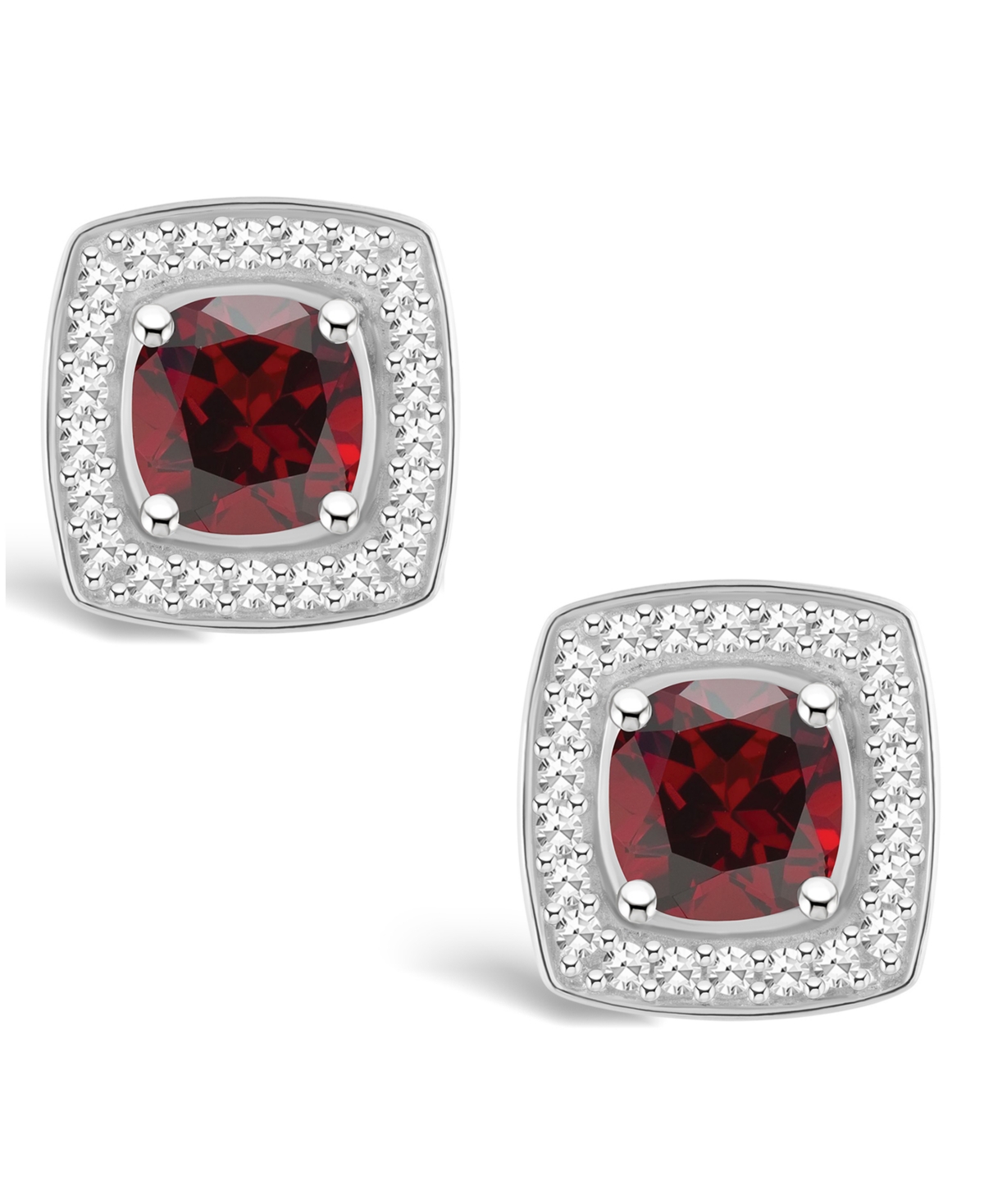 Macy's(1-1/2 ct. t.w.) and Diamond (1/5 ct. t.w.) Halo Studs in Sterling Silver - Garnet