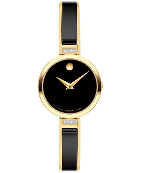 Женские часы Movado Moda Swiss Quartz Black Ceramic Yellow PVD Bangle Watch 24mm