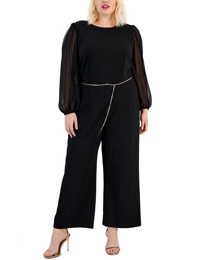 Connected Plus Size Sheer-Sleeve Chain-Belt Jumpsuit - Macy's