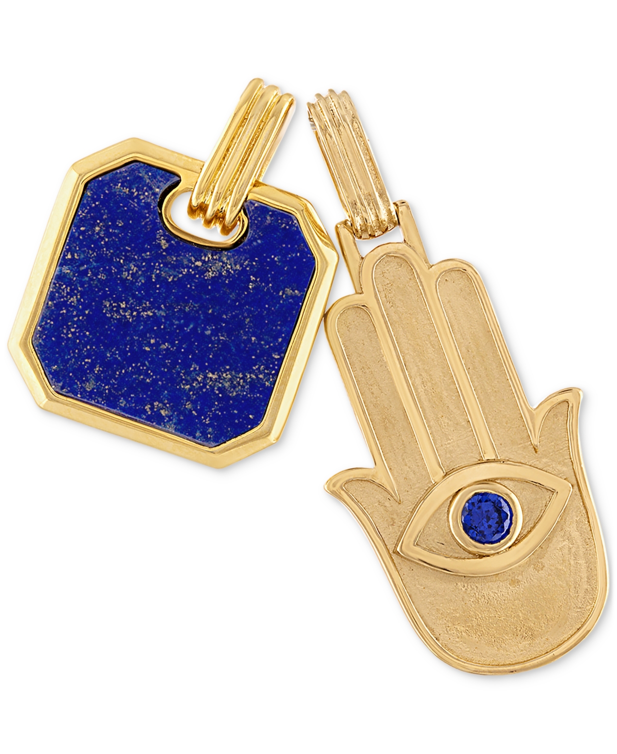 2-Pc. Set Lapis Lazuli & Cubic Zirconia Dog Tag & Hamsa Hand Amulet Pendants in 14k Gold-Plated Sterling Silver, Created for Mac