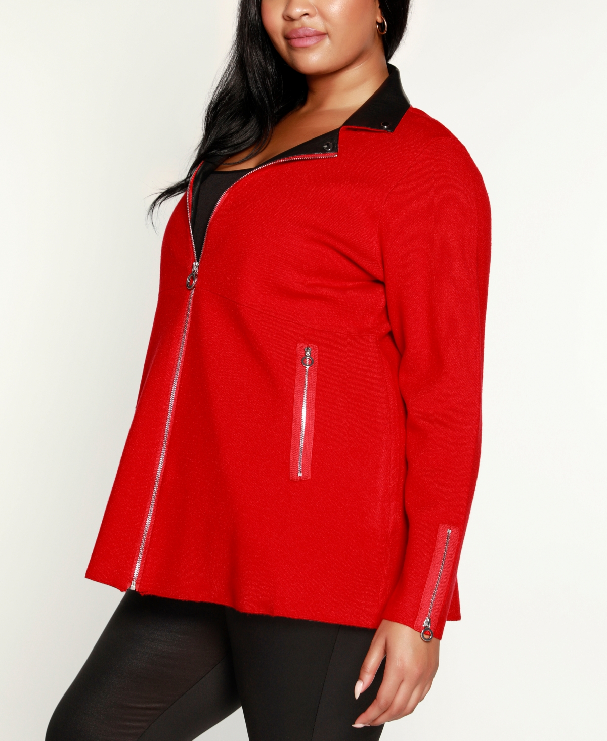 Belldini Black Label Plus Size Faux-Leather Collared Sweater Jacket -Black