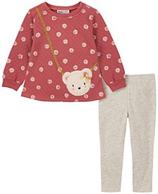 Baby Girls Quilted Tunic with Teddy Crossbody Applique and Heather Leggings Set, 2 Piece