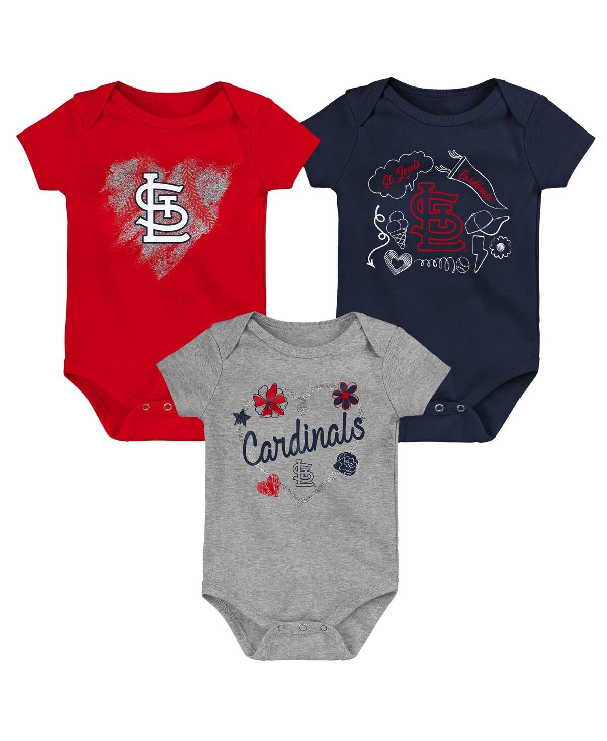 Shop Outerstuff Girls Newborn And Infant Red, Navy, Heathered Gray St. Louis Cardinals 3-pack Batter Up Bodysuit Set In Red,navy,gray