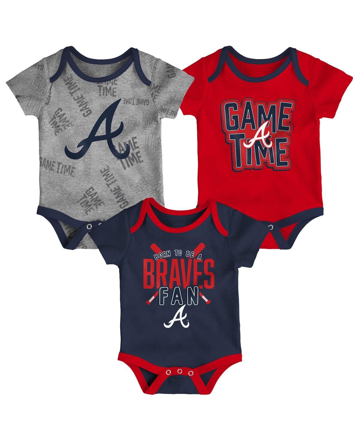 Outerstuff Babies' Newborn And Infant Boys And Girls Atlanta Braves Navy, Red, Heathered Gray Game Time Three-piece Bod In Navy,red,heathered Gray