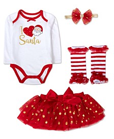 Baby Girls Santa Bodysuit, Tutu, Legwarmer and Headband, 4 Piece Set