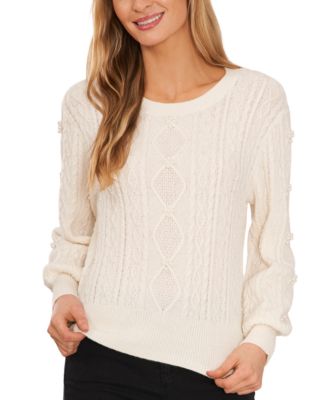 CeCe - Women's Embellished Cable-Knit Crewneck Sweater