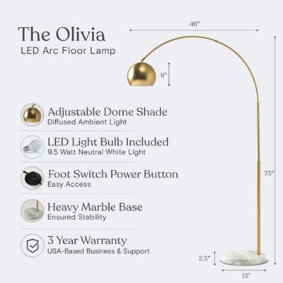Olivia LED Contemporary Arc Floor Lamp with Heavy-Weighted Marble Base (75"), Bulb Included