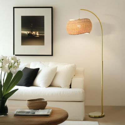 Wave Pendant LED Arc Standing Floor Lamp with Wicker Shade (81")