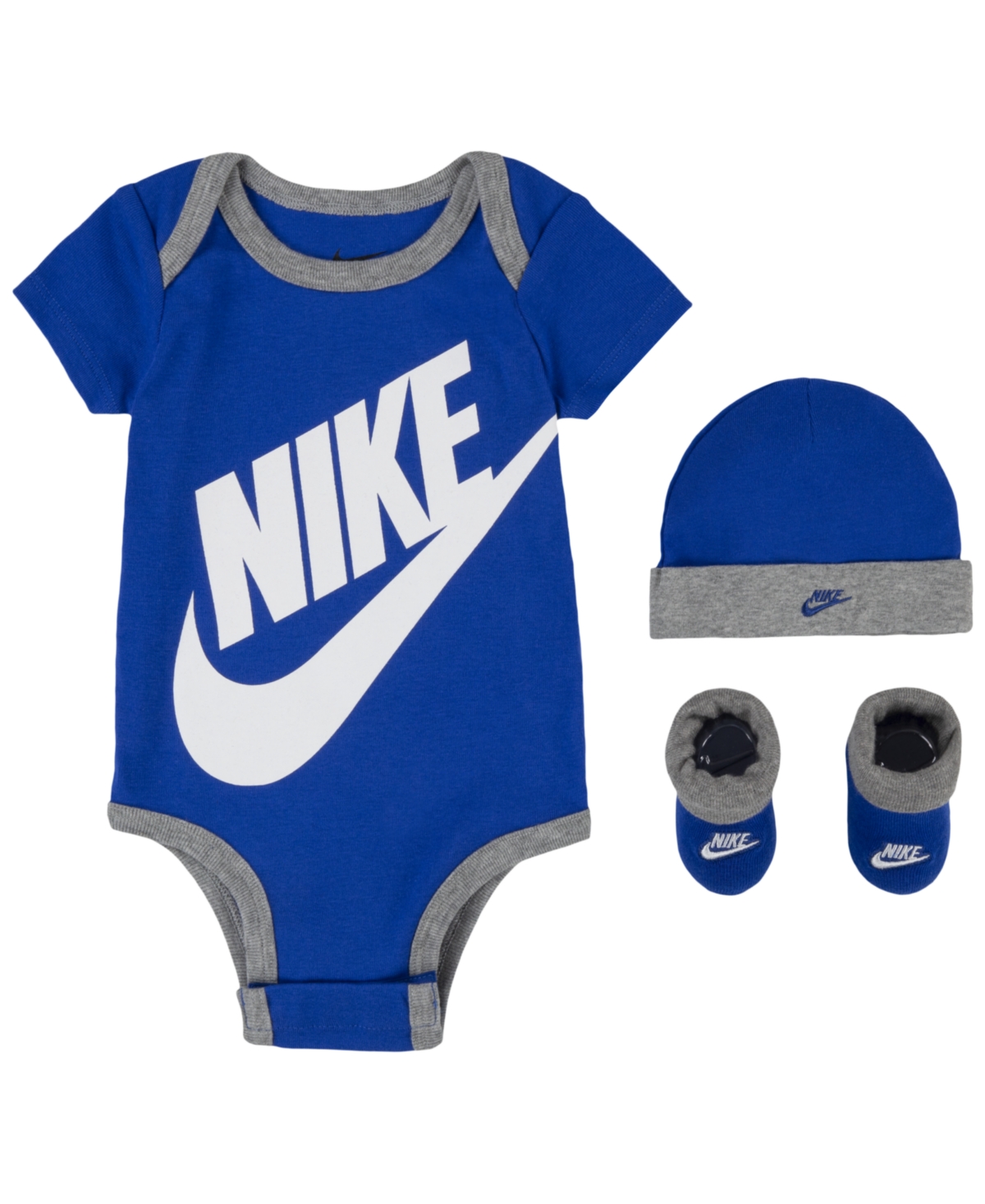 Nike Baby Boys Or Baby Girls Futura Logo Bodysuit, Beanie, And Booties, 3 Piece Gift Box Set In Game Royal