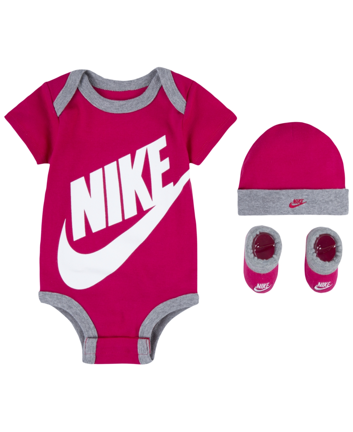 Nike Baby Boys Or Baby Girls Futura Logo Bodysuit, Beanie, And Booties, 3 Piece Gift Box Set In Rush Pink