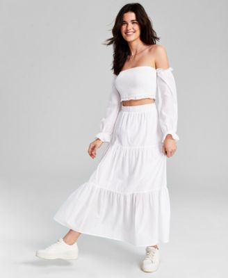 AND NOW THIS NOW THIS WOMENS COTTON OFF THE SHOULDER SMOCKED TOP TIERED PULL ON MAXI SKIRT