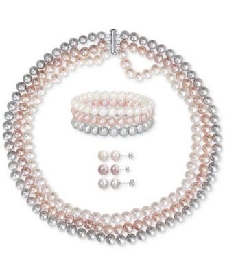 7-Pc. Set White, Black, & Gray Cultured Freshwater Pearl (7-1/2 - 8mm) Necklace, Bracelets, & Stud Earrings